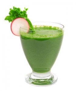 Green Smoothie with Celery Stick and Radish Slice